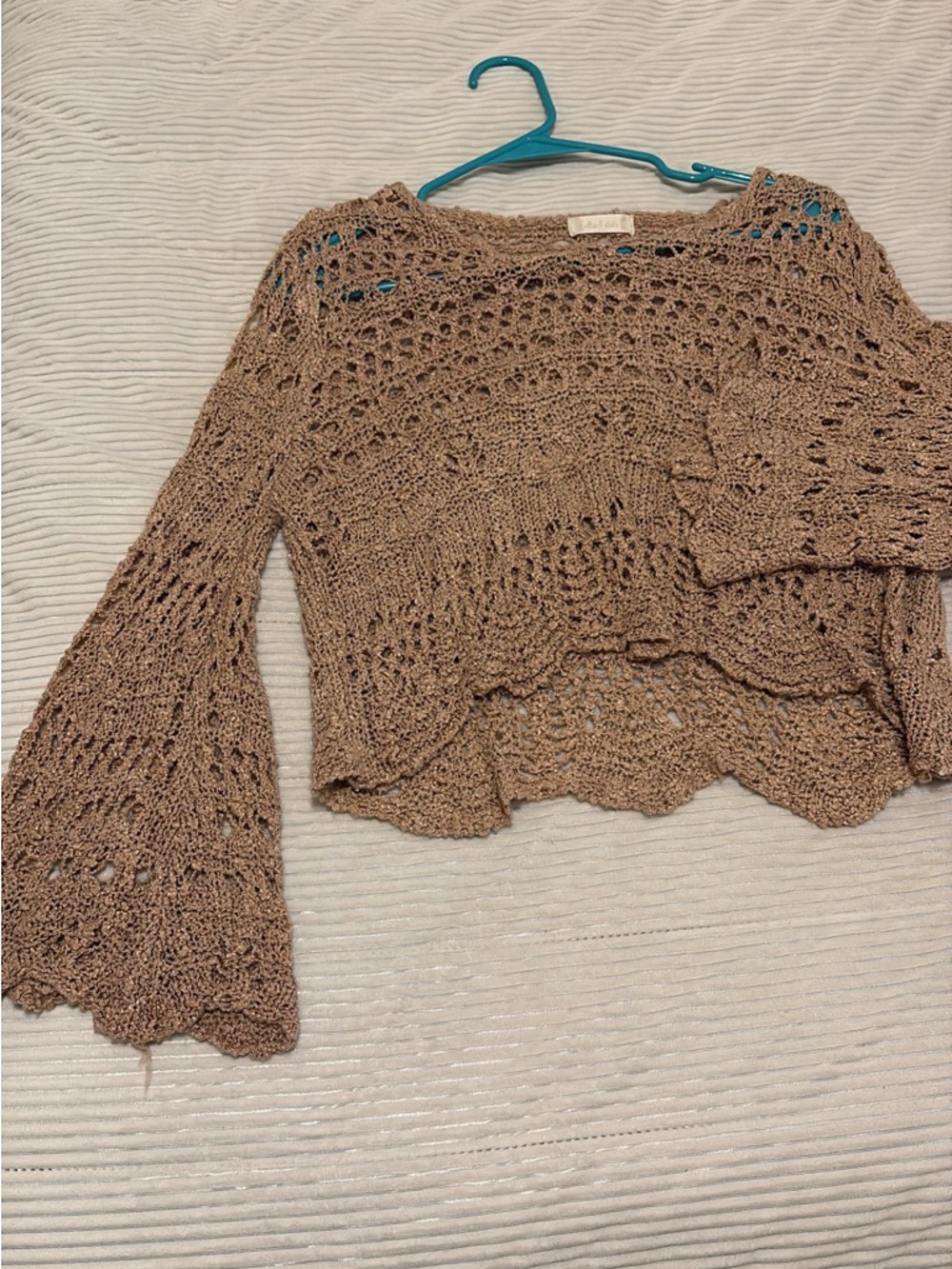 Altar'd State Taupe Crochet Off-the-Shoulder Bell-Sleeve Sweater